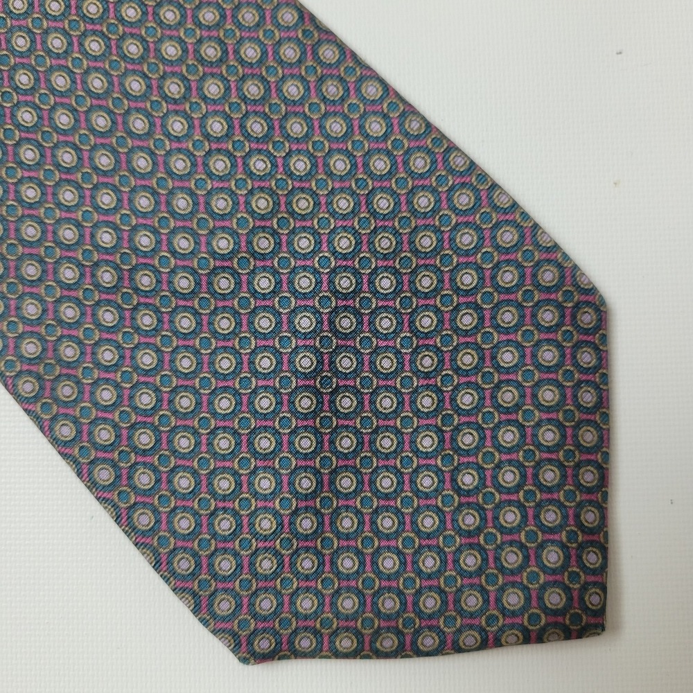 Daks London New York Mens Silk Tie Teal Gold Pink Geometric Medallion USA